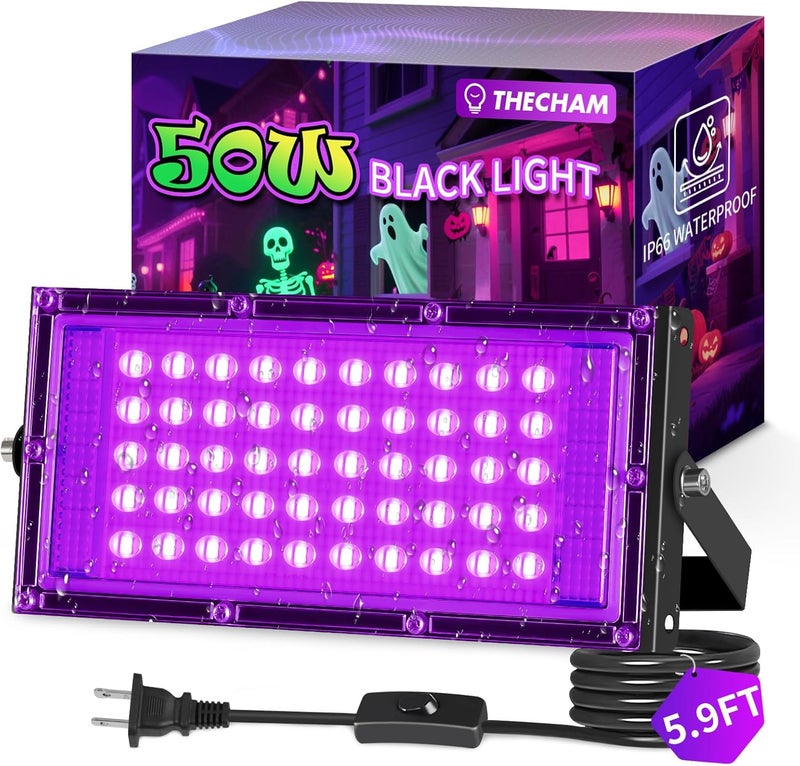 THECHAM Store 50W LED Black Lights IP66 Waterproof Black Light Outdoor with 5.9ft Plug+Switch,Flood Blacklight for Halloween Glow in The Dark Party Stage Light Neon Glow Birthday 1 Pack - Image 1